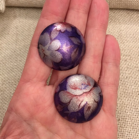 Vintage Purple Glitter Floral Button Earrings - Picture 3 of 8